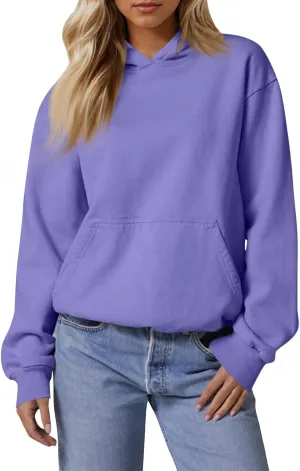 Fleece Hoodie Women Oversized Thermal Long Sleeve Hooded Sweatshirts Drop Shoulder Plain Pullover Tops with Pockets