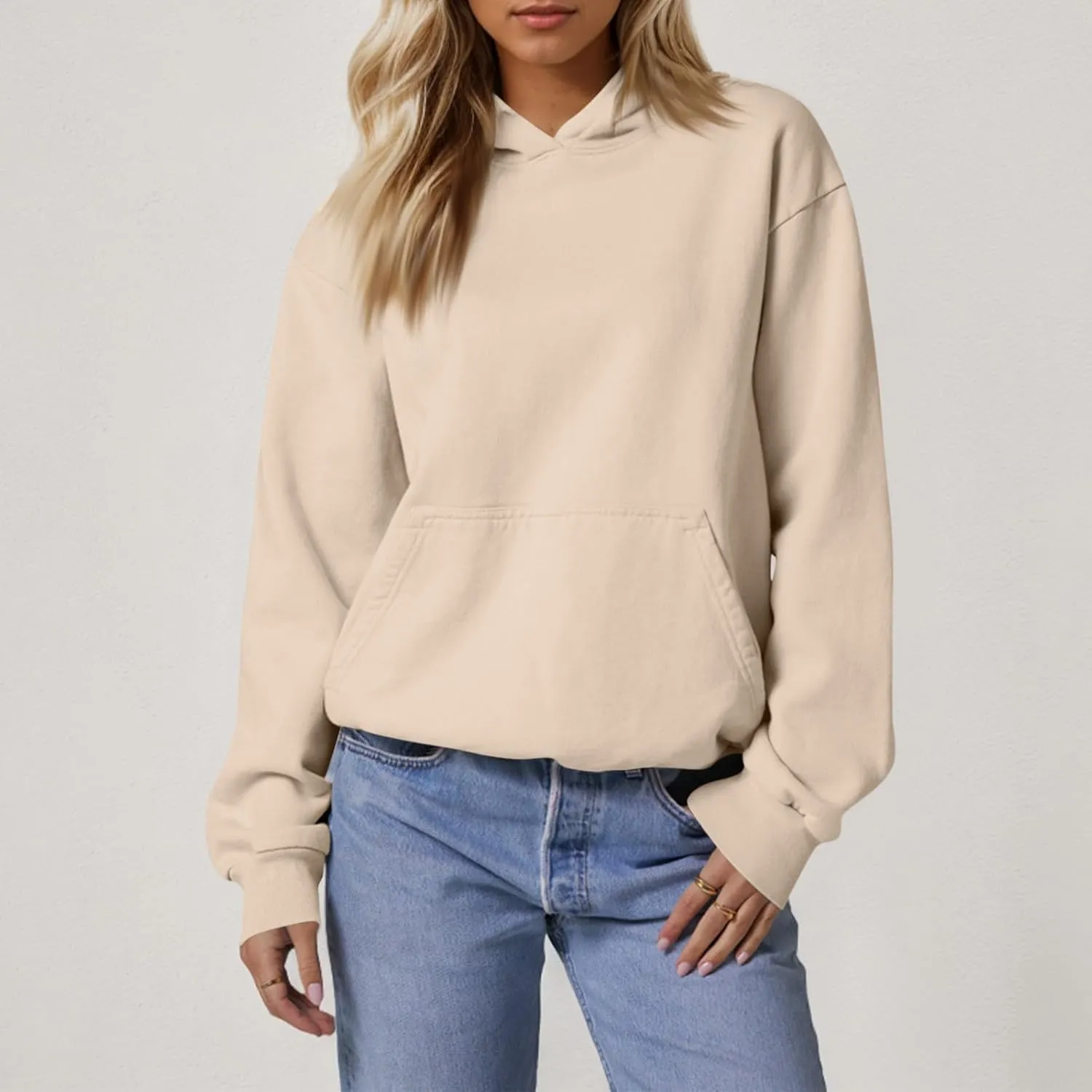 Fleece Hoodie Women Oversized Thermal Long Sleeve Hooded Sweatshirts Drop Shoulder Plain Pullover Tops with Pockets