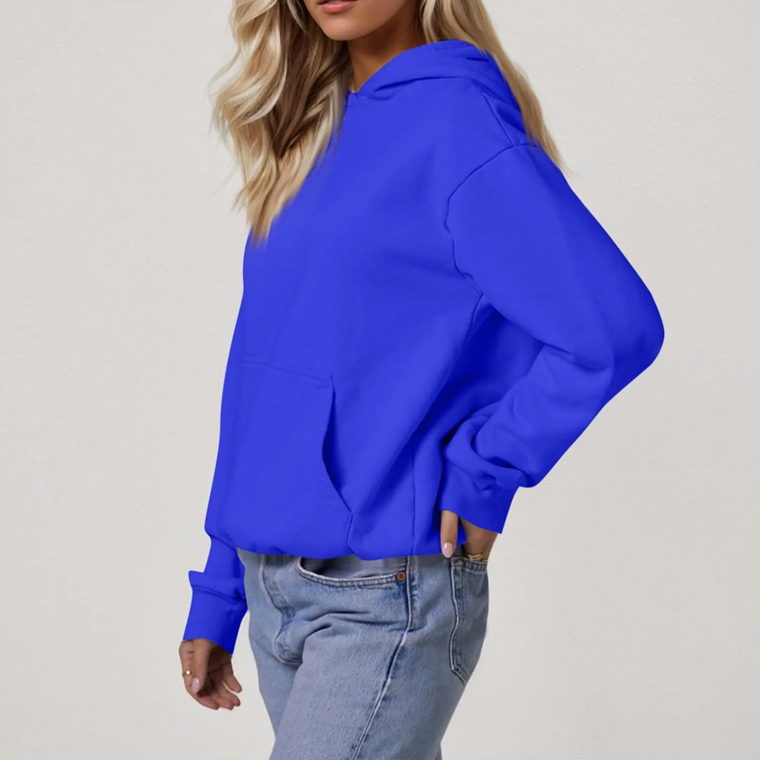 Fleece Hoodie Women Oversized Thermal Long Sleeve Hooded Sweatshirts Drop Shoulder Plain Pullover Tops with Pockets