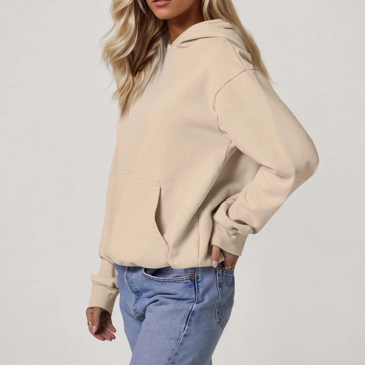 Fleece Hoodie Women Oversized Thermal Long Sleeve Hooded Sweatshirts Drop Shoulder Plain Pullover Tops with Pockets
