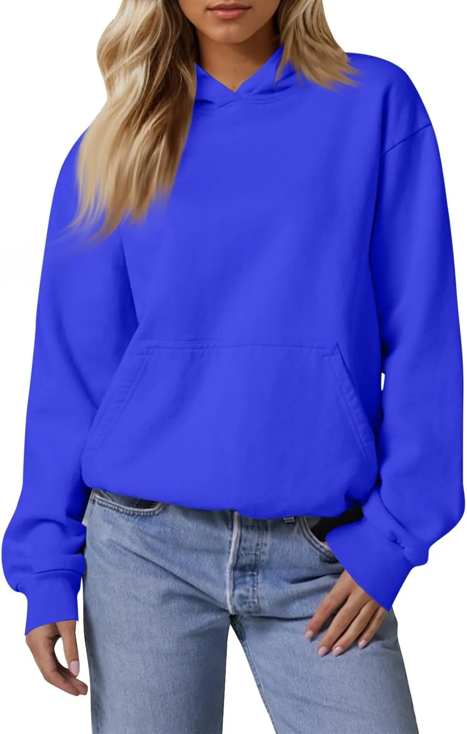 Fleece Hoodie Women Oversized Thermal Long Sleeve Hooded Sweatshirts Drop Shoulder Plain Pullover Tops with Pockets