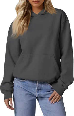 Fleece Hoodie Women Oversized Thermal Long Sleeve Hooded Sweatshirts Drop Shoulder Plain Pullover Tops with Pockets