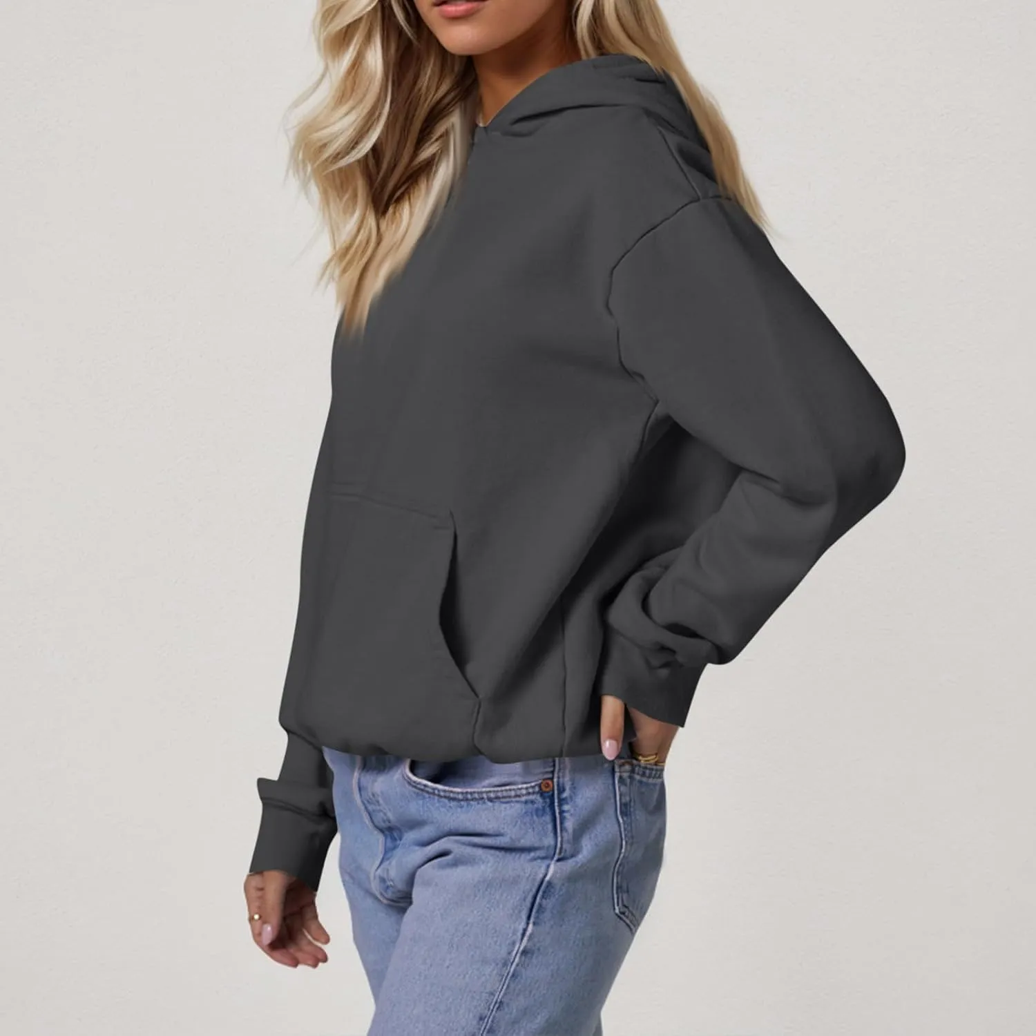 Fleece Hoodie Women Oversized Thermal Long Sleeve Hooded Sweatshirts Drop Shoulder Plain Pullover Tops with Pockets