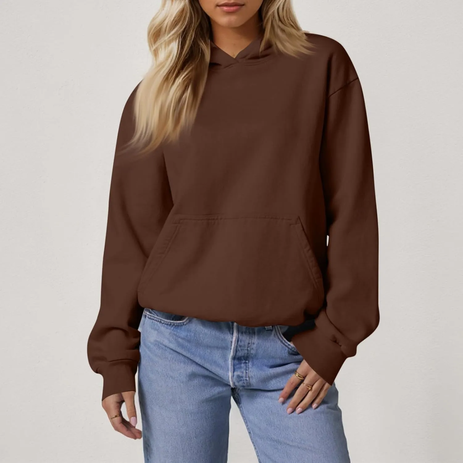 Fleece Hoodie Women Oversized Thermal Long Sleeve Hooded Sweatshirts Drop Shoulder Plain Pullover Tops with Pockets
