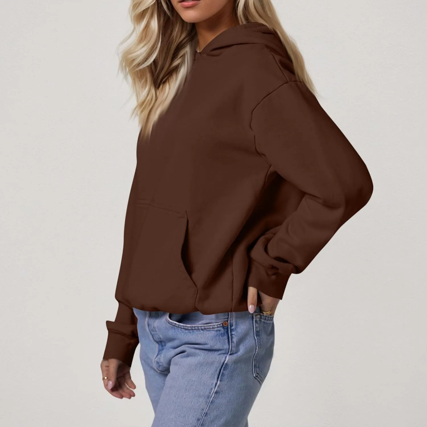 Fleece Hoodie Women Oversized Thermal Long Sleeve Hooded Sweatshirts Drop Shoulder Plain Pullover Tops with Pockets