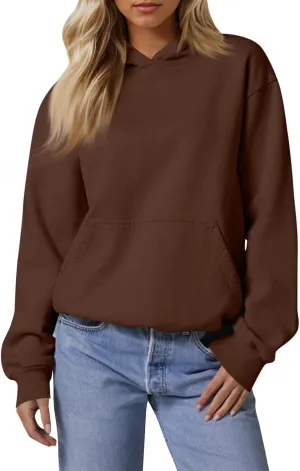 Fleece Hoodie Women Oversized Thermal Long Sleeve Hooded Sweatshirts Drop Shoulder Plain Pullover Tops with Pockets