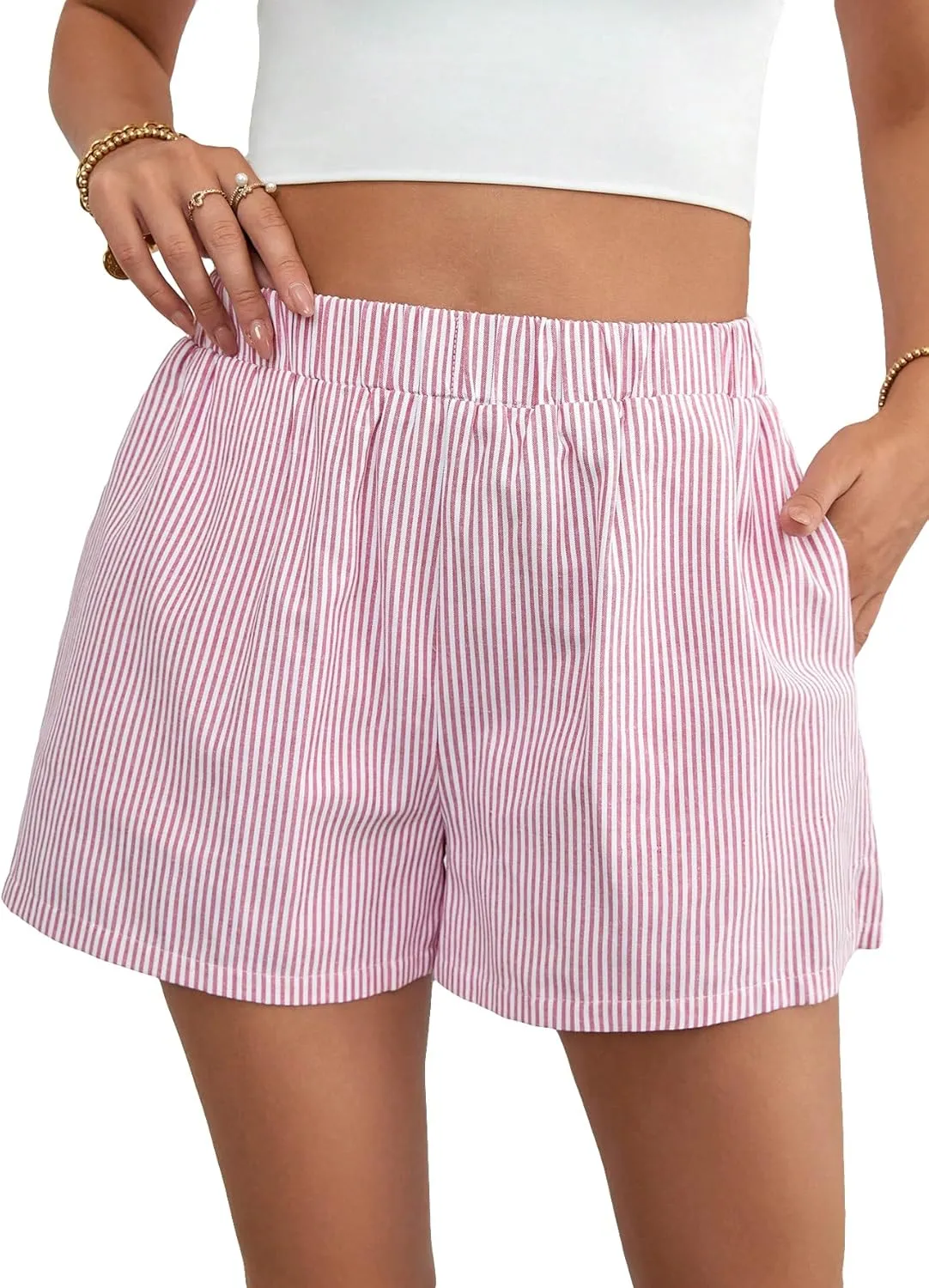 Floerns Women's Striped Print Elastic High Waist Wide Leg Casual Shorts