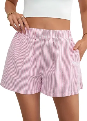 Floerns Women's Striped Print Elastic High Waist Wide Leg Casual Shorts