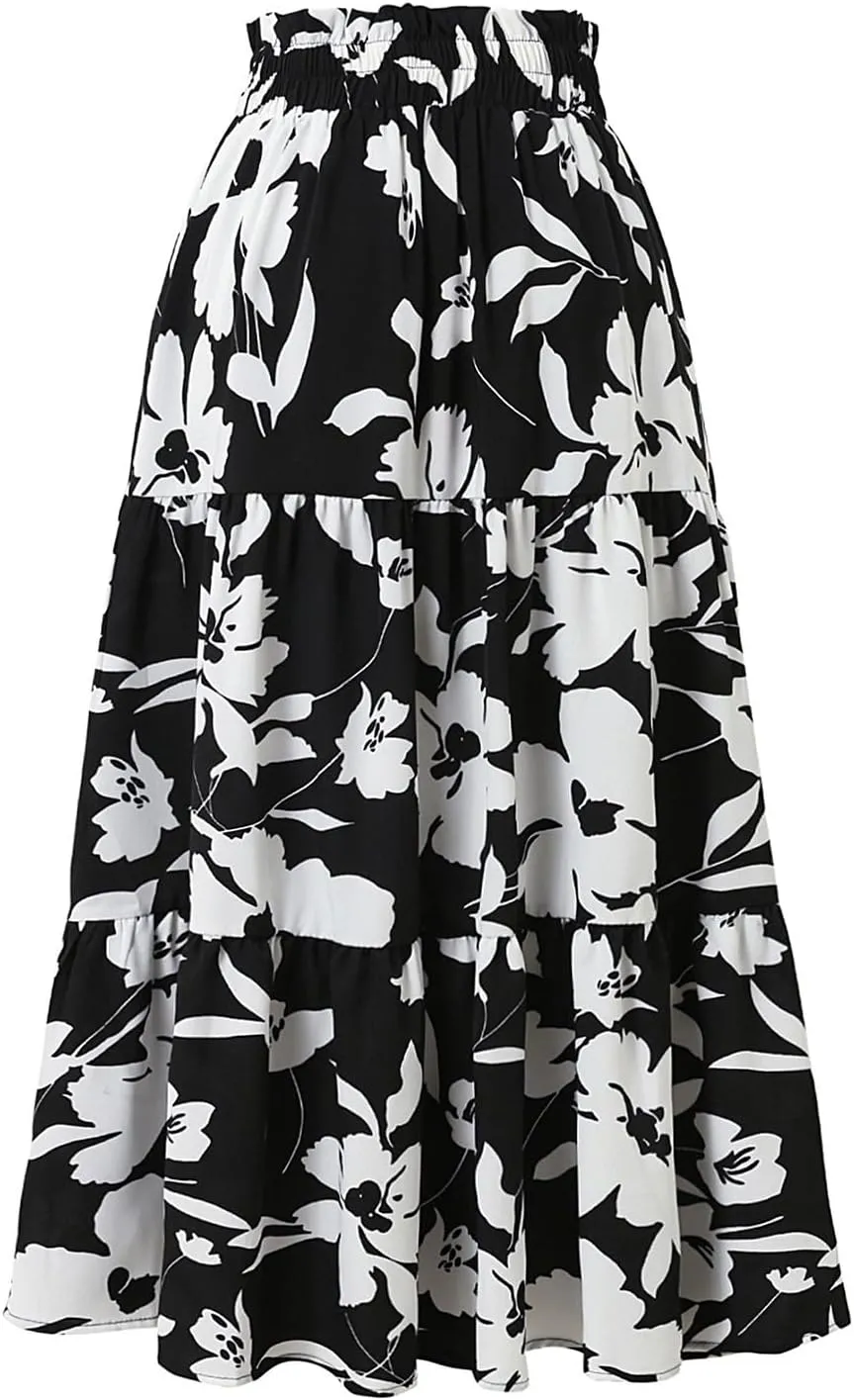 Floral Maxi Skirt for Women Summer Comfy Tiered Elastic High Waisted Skirts Vacation A-Line Flowy Swing Long Skirts