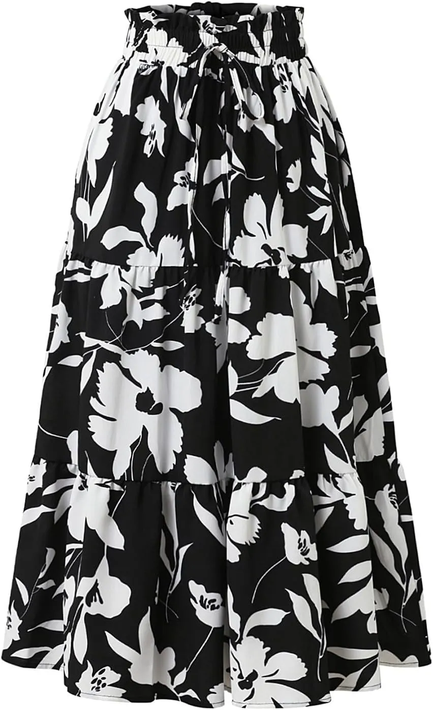 Floral Maxi Skirt for Women Summer Comfy Tiered Elastic High Waisted Skirts Vacation A-Line Flowy Swing Long Skirts