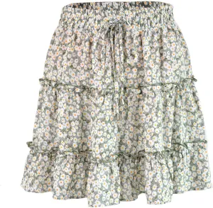 Floral Mini Skirts for Women Trendy Ruffle Tiered Flowy Boho Skirts Loose Drawstring High Waisted Summer Casual Skorts