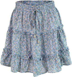 Floral Mini Skirts for Women Trendy Ruffle Tiered Flowy Boho Skirts Loose Drawstring High Waisted Summer Casual Skorts