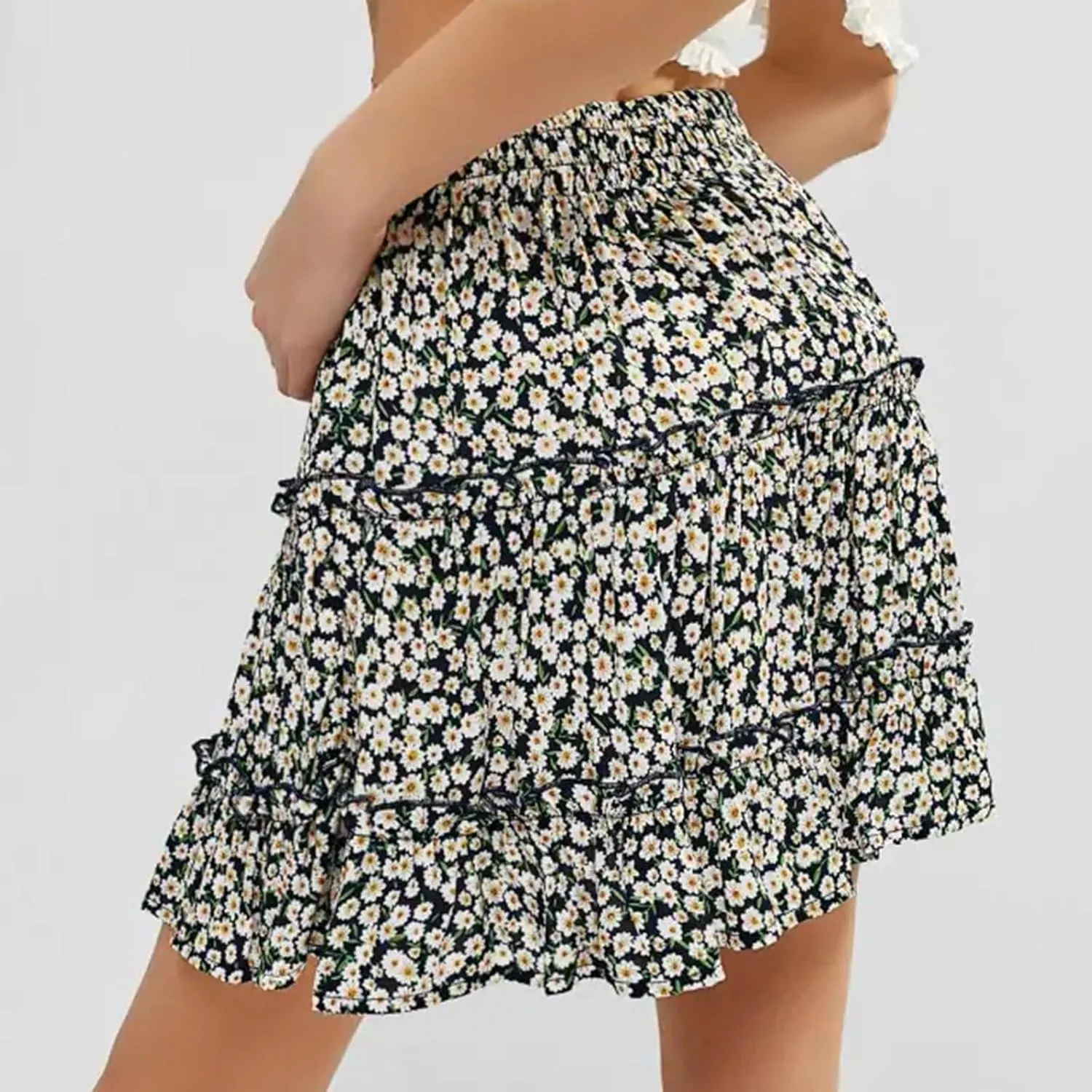 Floral Mini Skirts for Women Trendy Ruffle Tiered Flowy Boho Skirts Loose Drawstring High Waisted Summer Casual Skorts