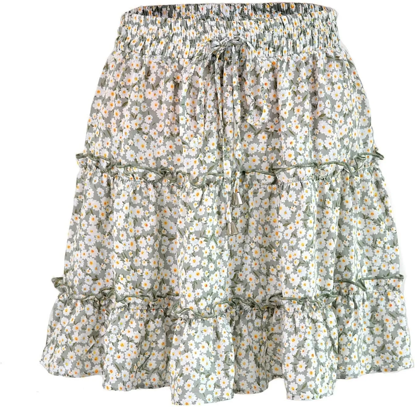 Floral Mini Skirts for Women Trendy Ruffle Tiered Flowy Boho Skirts Loose Drawstring High Waisted Summer Casual Skorts