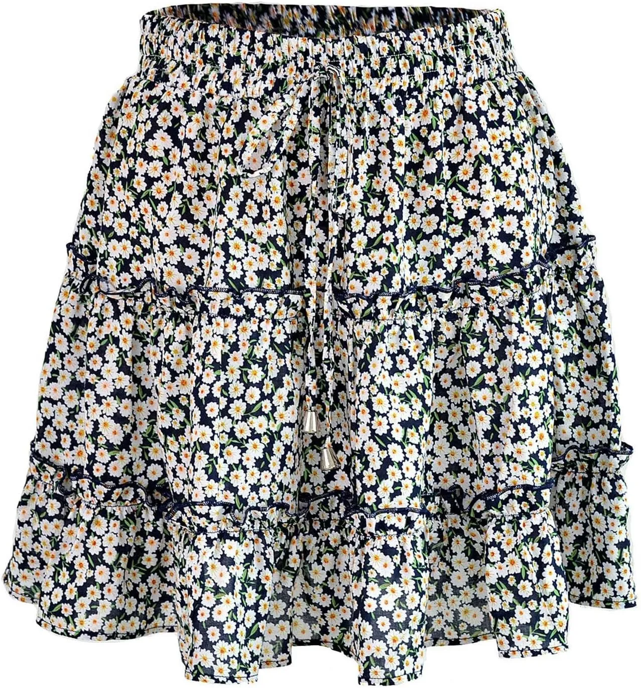 Floral Mini Skirts for Women Trendy Ruffle Tiered Flowy Boho Skirts Loose Drawstring High Waisted Summer Casual Skorts