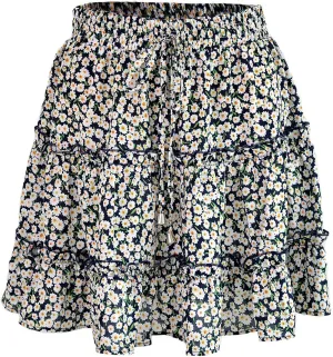 Floral Mini Skirts for Women Trendy Ruffle Tiered Flowy Boho Skirts Loose Drawstring High Waisted Summer Casual Skorts