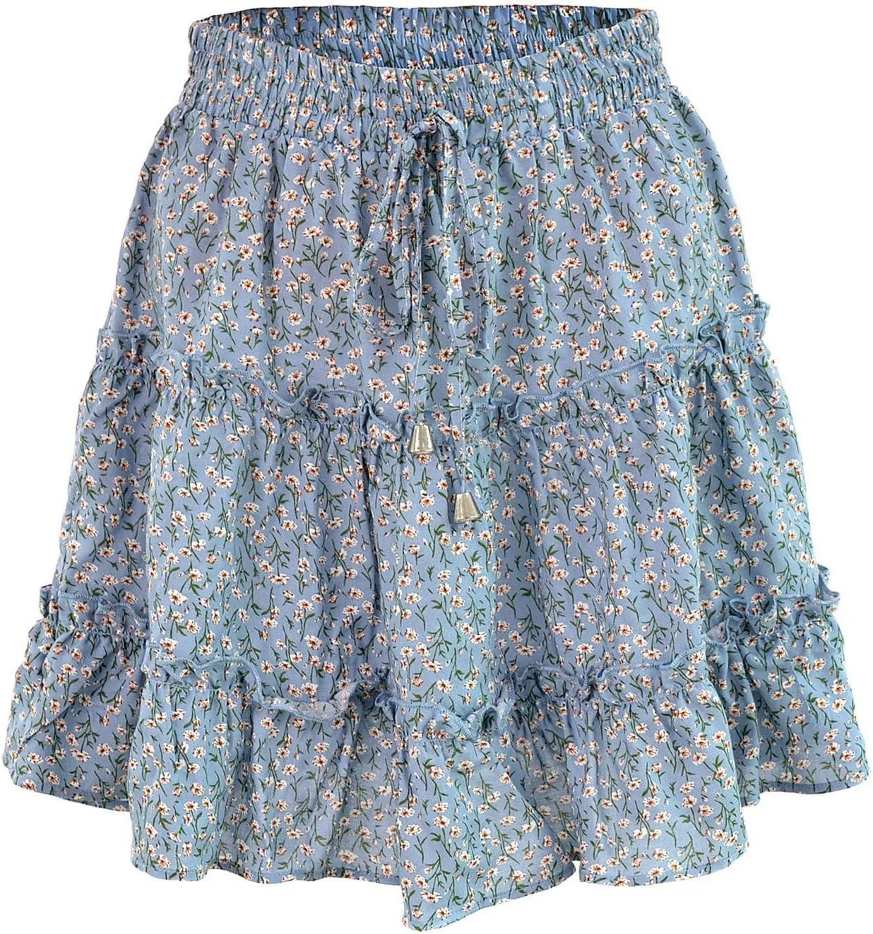 Floral Mini Skirts for Women Trendy Ruffle Tiered Flowy Boho Skirts Loose Drawstring High Waisted Summer Casual Skorts