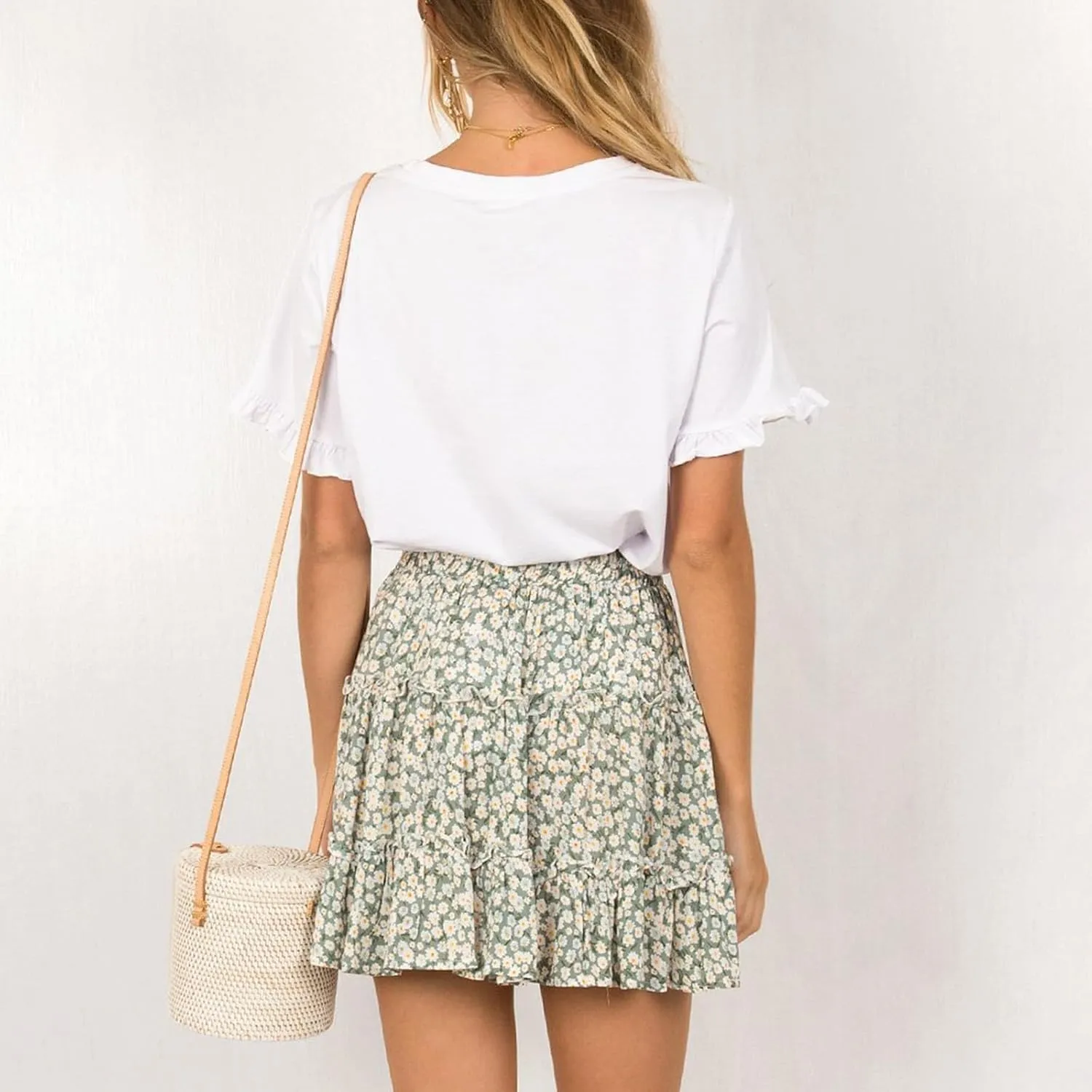 Floral Mini Skirts for Women Trendy Ruffle Tiered Flowy Boho Skirts Loose Drawstring High Waisted Summer Casual Skorts