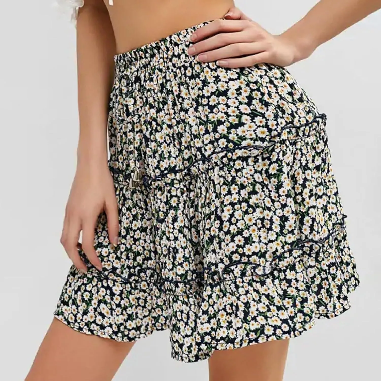 Floral Mini Skirts for Women Trendy Ruffle Tiered Flowy Boho Skirts Loose Drawstring High Waisted Summer Casual Skorts