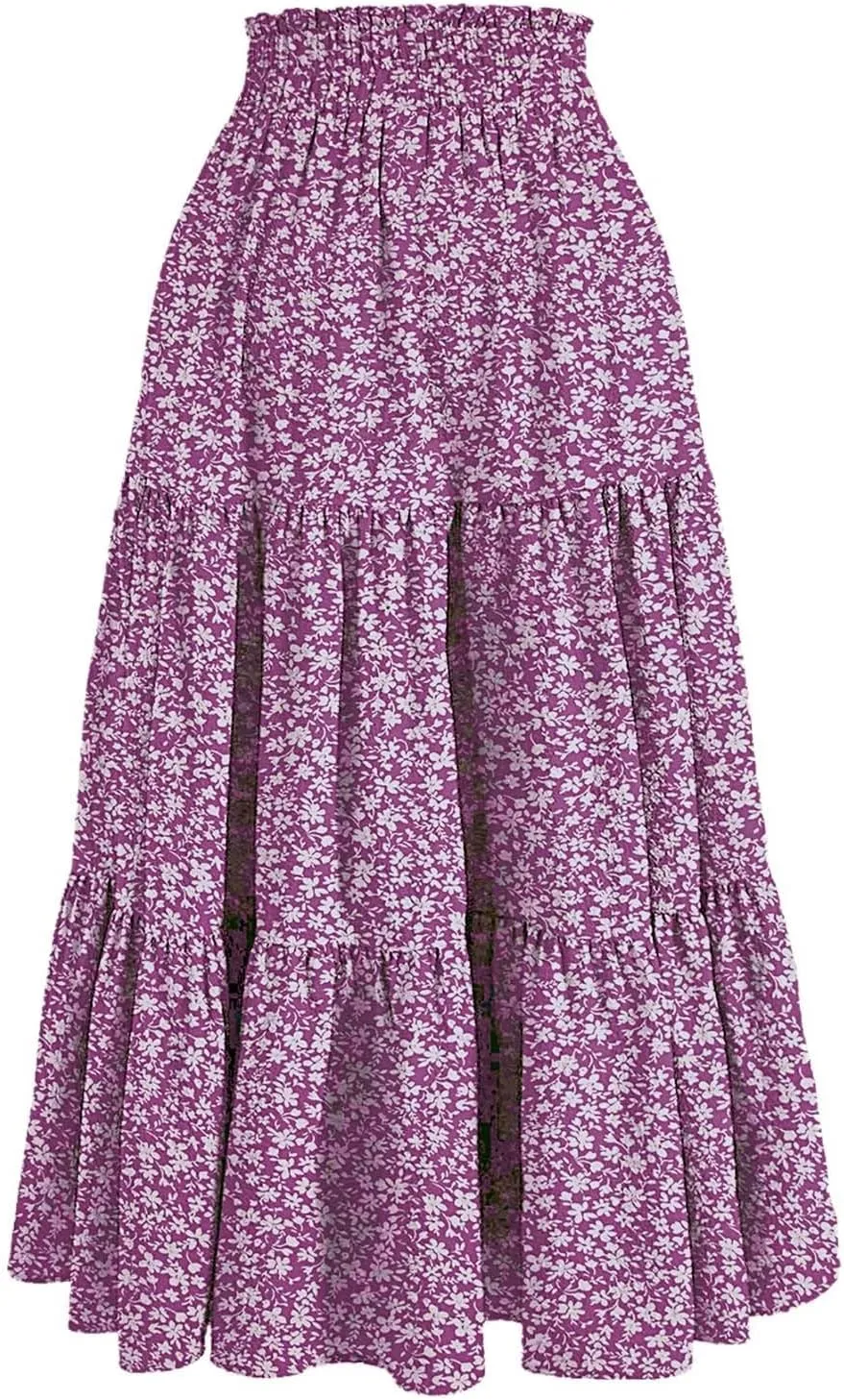 Flowy Floral Skirt for Women Summer Bohemian Tiered Ruffled Elastic High Waisted Lightweight Beach Maxi Skirts