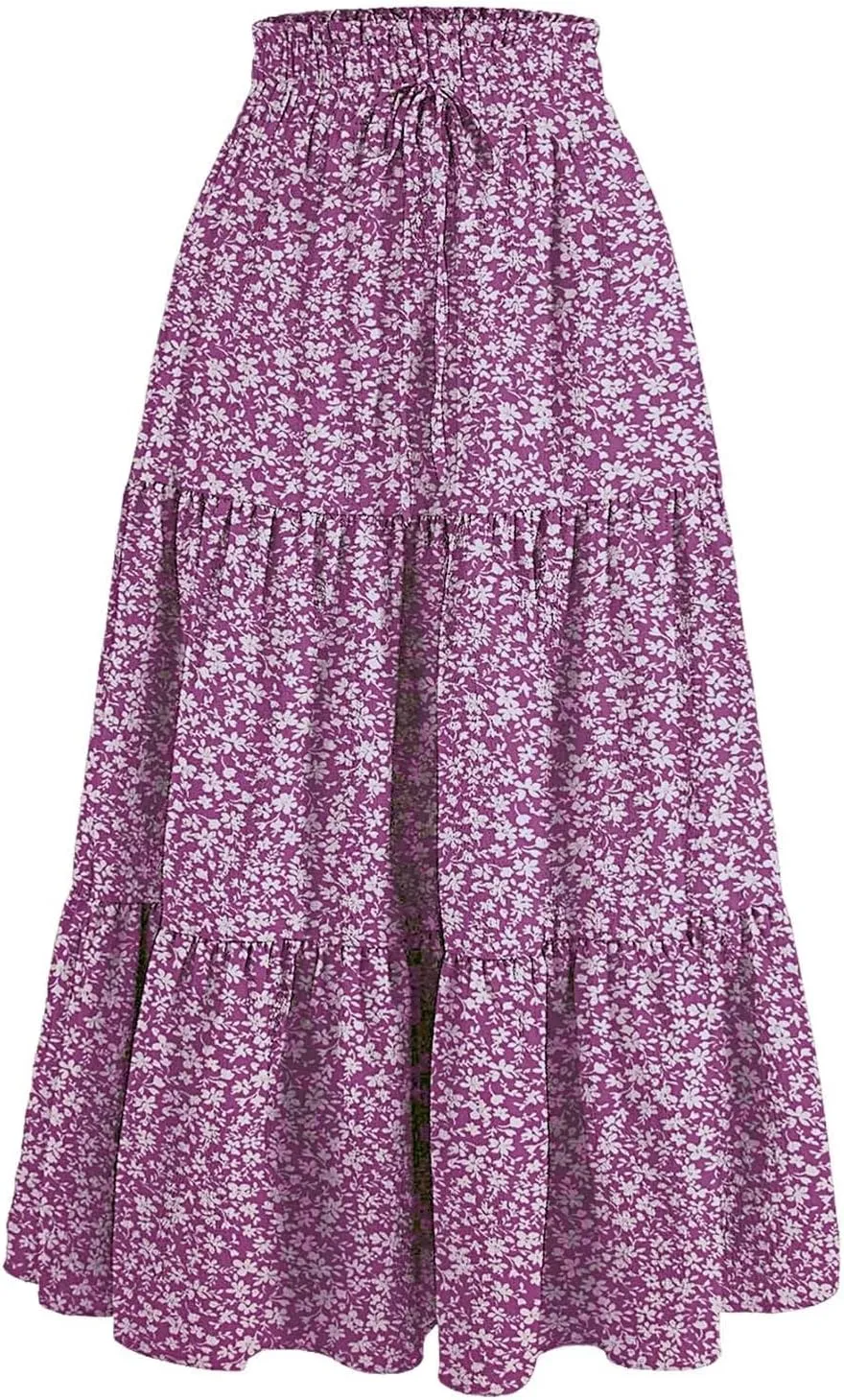Flowy Floral Skirt for Women Summer Bohemian Tiered Ruffled Elastic High Waisted Lightweight Beach Maxi Skirts