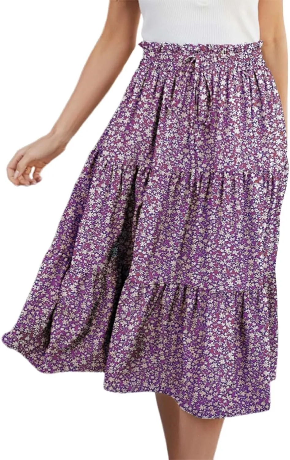 Flowy Floral Skirt for Women Summer Bohemian Tiered Ruffled Elastic High Waisted Lightweight Beach Maxi Skirts