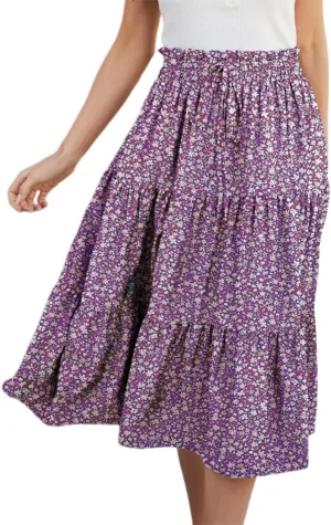 Flowy Floral Skirt for Women Summer Bohemian Tiered Ruffled Elastic High Waisted Lightweight Beach Maxi Skirts