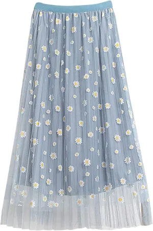 Flowy Skirts for Women Daisy Print High Waisted Bohemian Maxi Length Casual Skirt with Elastic Waist Layered Design