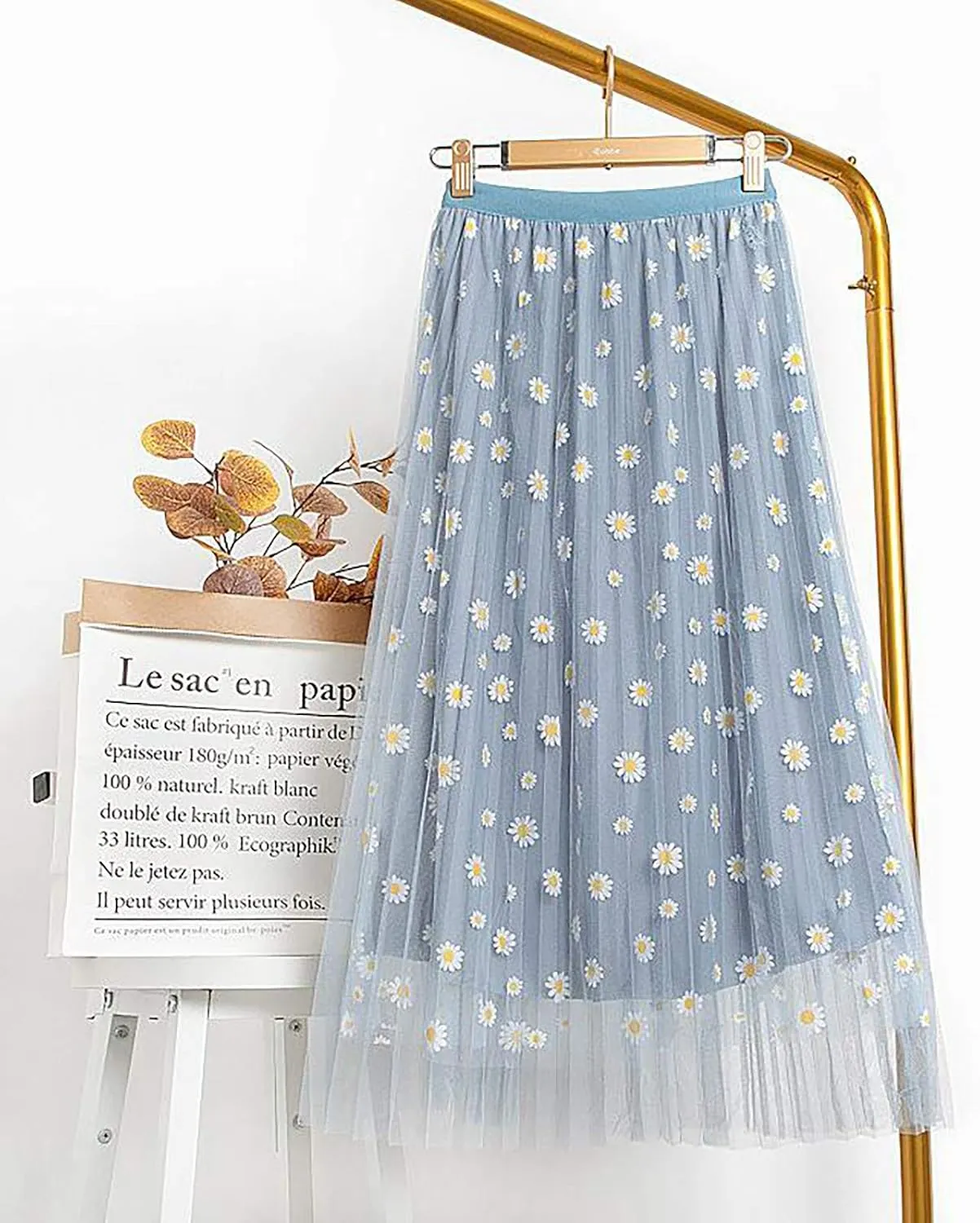 Flowy Skirts for Women Daisy Print High Waisted Bohemian Maxi Length Casual Skirt with Elastic Waist Layered Design