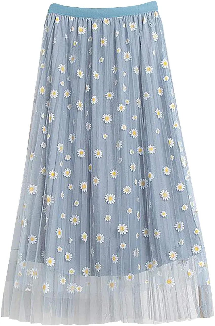 Flowy Skirts for Women Daisy Print High Waisted Bohemian Maxi Length Casual Skirt with Elastic Waist Layered Design