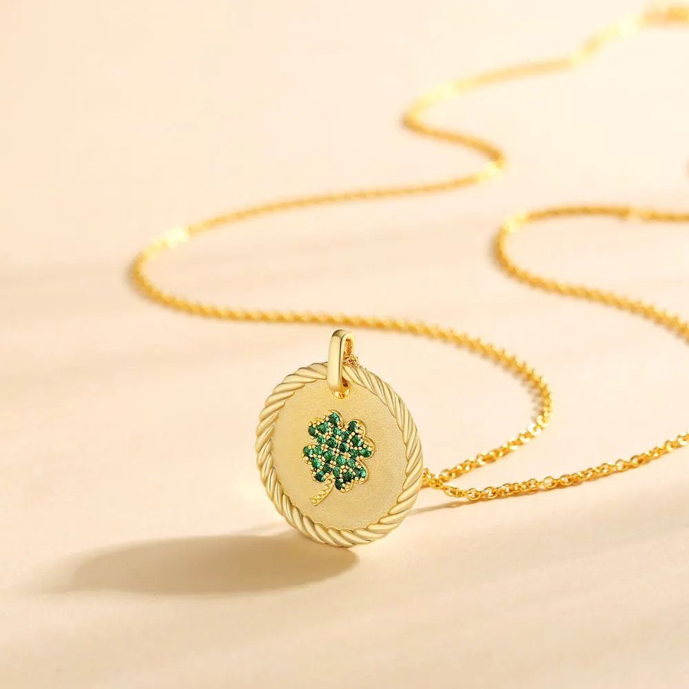 Four Leaf Clovers Gold Coin Pendant Necklace for Women
