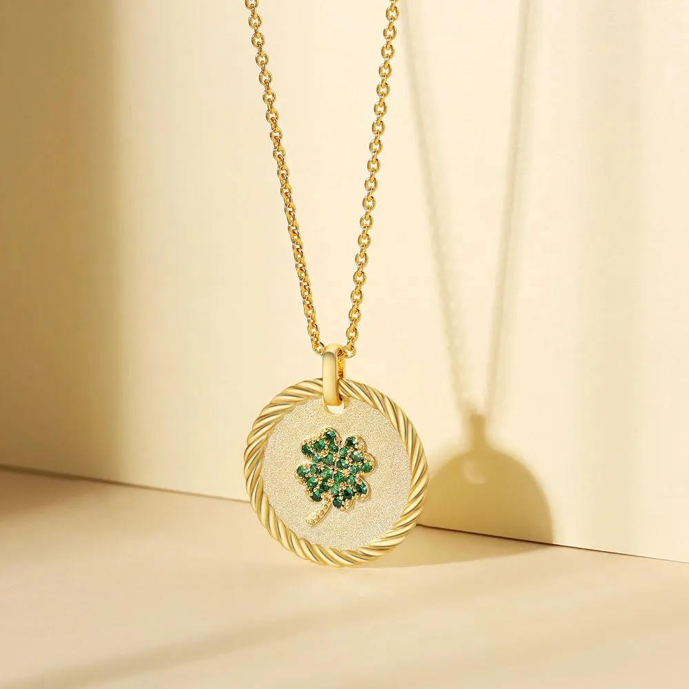 Four Leaf Clovers Gold Coin Pendant Necklace for Women