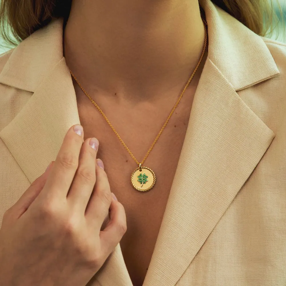 Four Leaf Clovers Gold Coin Pendant Necklace for Women