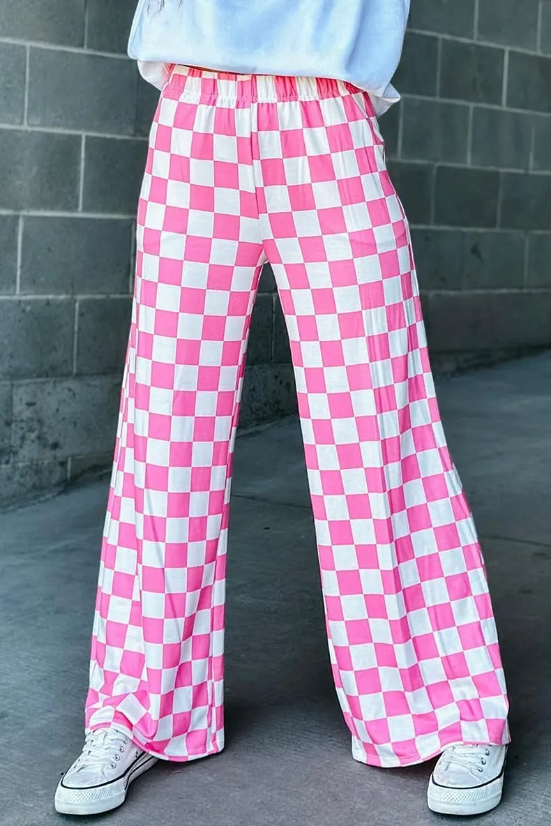 Fronage Women's Checkered Wide Leg Pants High Waisted Stretch Lounge Long Pant Fashion Y2k Streetwear Trousers with Pockets