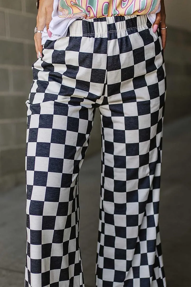 Fronage Women's Checkered Wide Leg Pants High Waisted Stretch Lounge Long Pant Fashion Y2k Streetwear Trousers with Pockets
