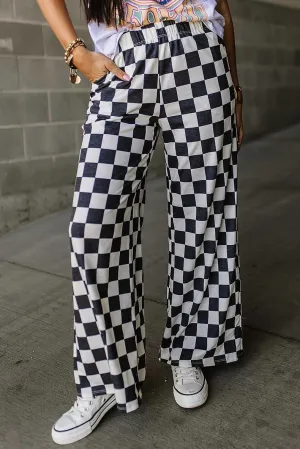 Fronage Women's Checkered Wide Leg Pants High Waisted Stretch Lounge Long Pant Fashion Y2k Streetwear Trousers with Pockets
