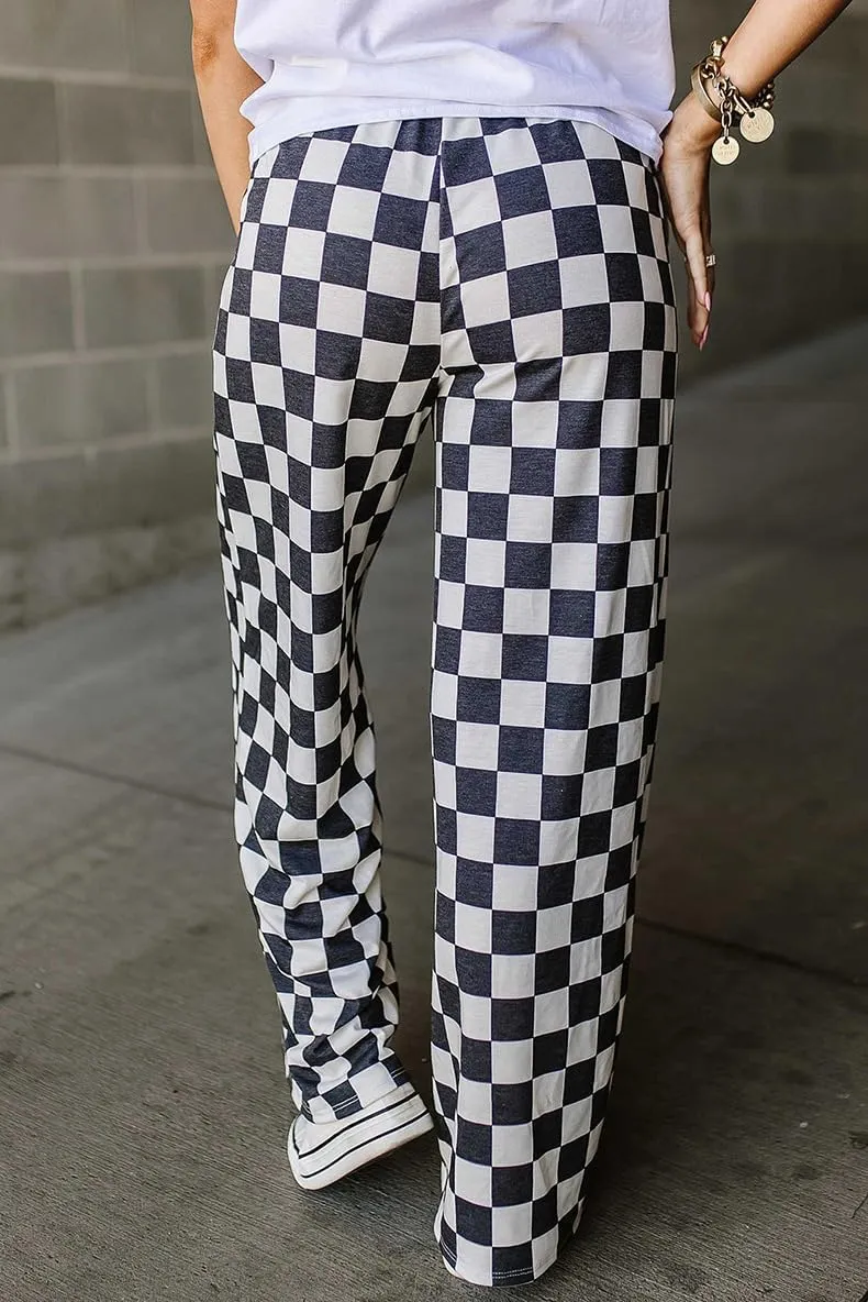 Fronage Women's Checkered Wide Leg Pants High Waisted Stretch Lounge Long Pant Fashion Y2k Streetwear Trousers with Pockets
