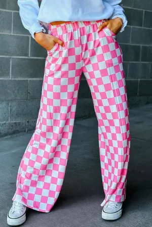 Fronage Women's Checkered Wide Leg Pants High Waisted Stretch Lounge Long Pant Fashion Y2k Streetwear Trousers with Pockets
