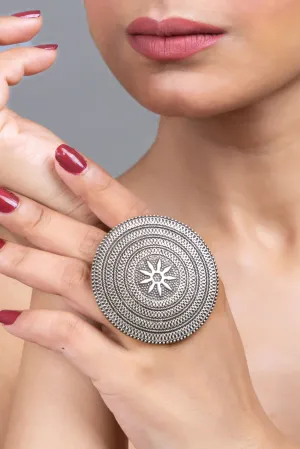 German Silver Jumbo Floral Finger Ring - Unique Round Design, Durable & Elegant Accessory