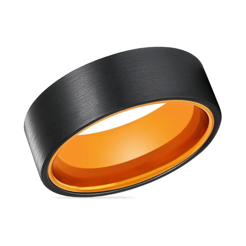 GINGER | Orange Ring, Black Flat Brushed Tungsten Ring