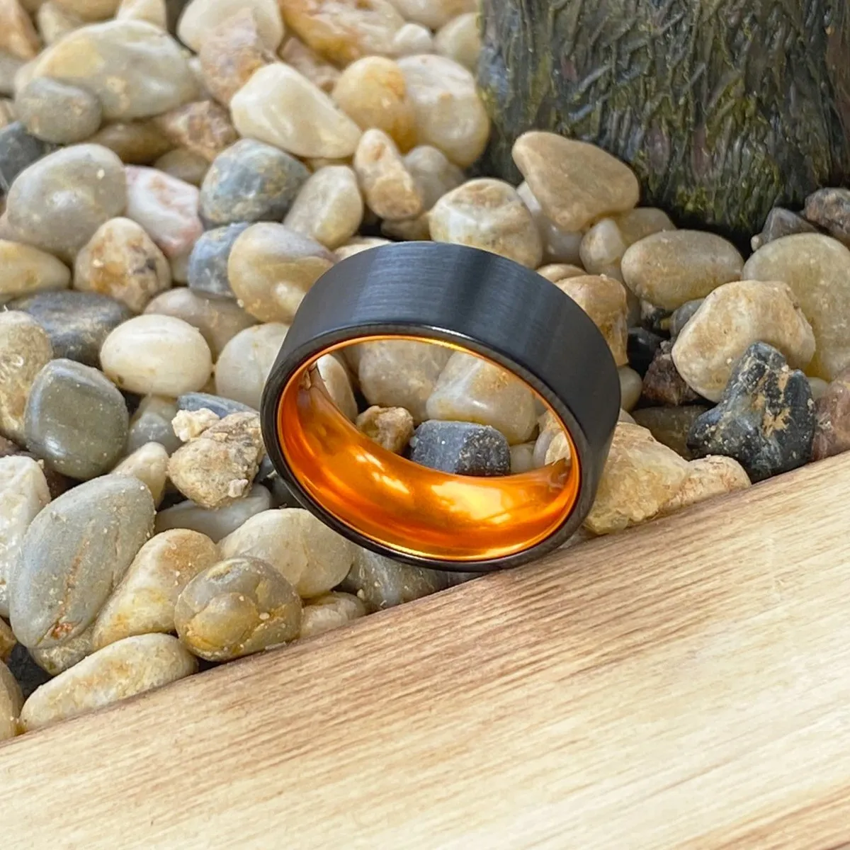 GINGER | Orange Ring, Black Flat Brushed Tungsten Ring