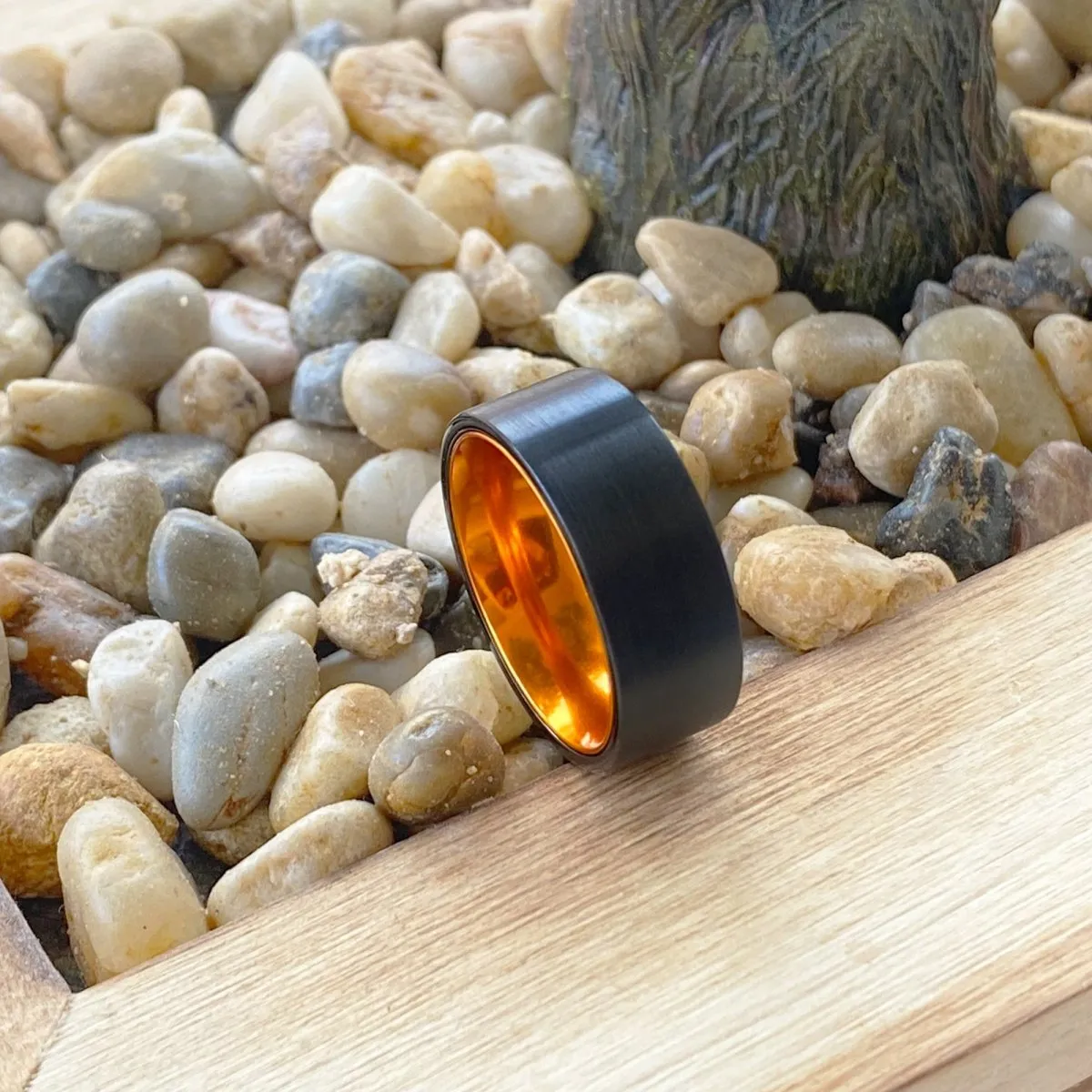 GINGER | Orange Ring, Black Flat Brushed Tungsten Ring