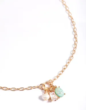 Gold Freshwater Pearl & Diamante Cluster Pendant Necklace