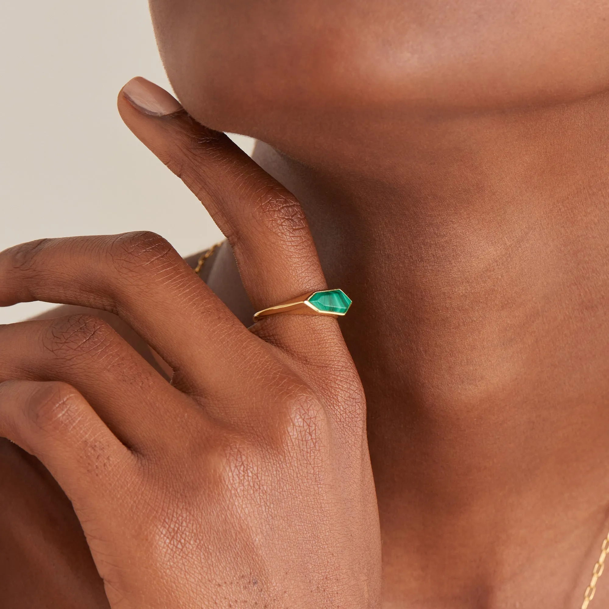 Gold Malachite Emblem Adjustable Ring