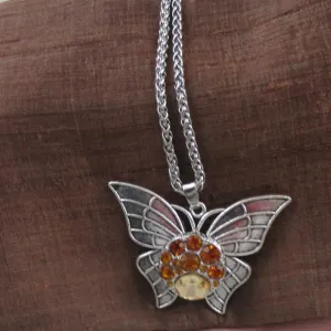 Golden Crystal  & Silver Buterfly Pendant Necklace