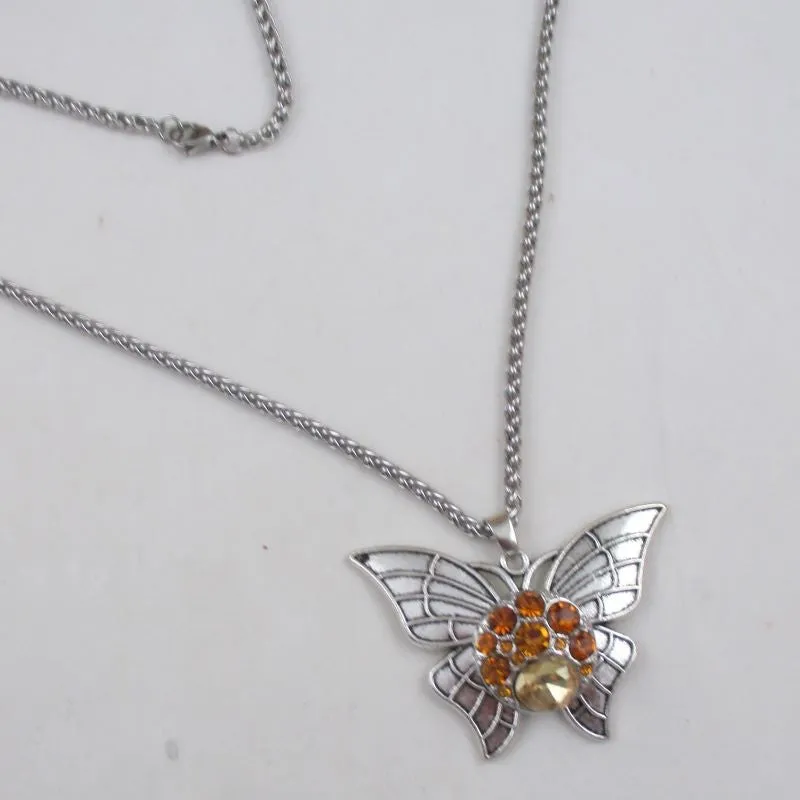 Golden Crystal  & Silver Buterfly Pendant Necklace