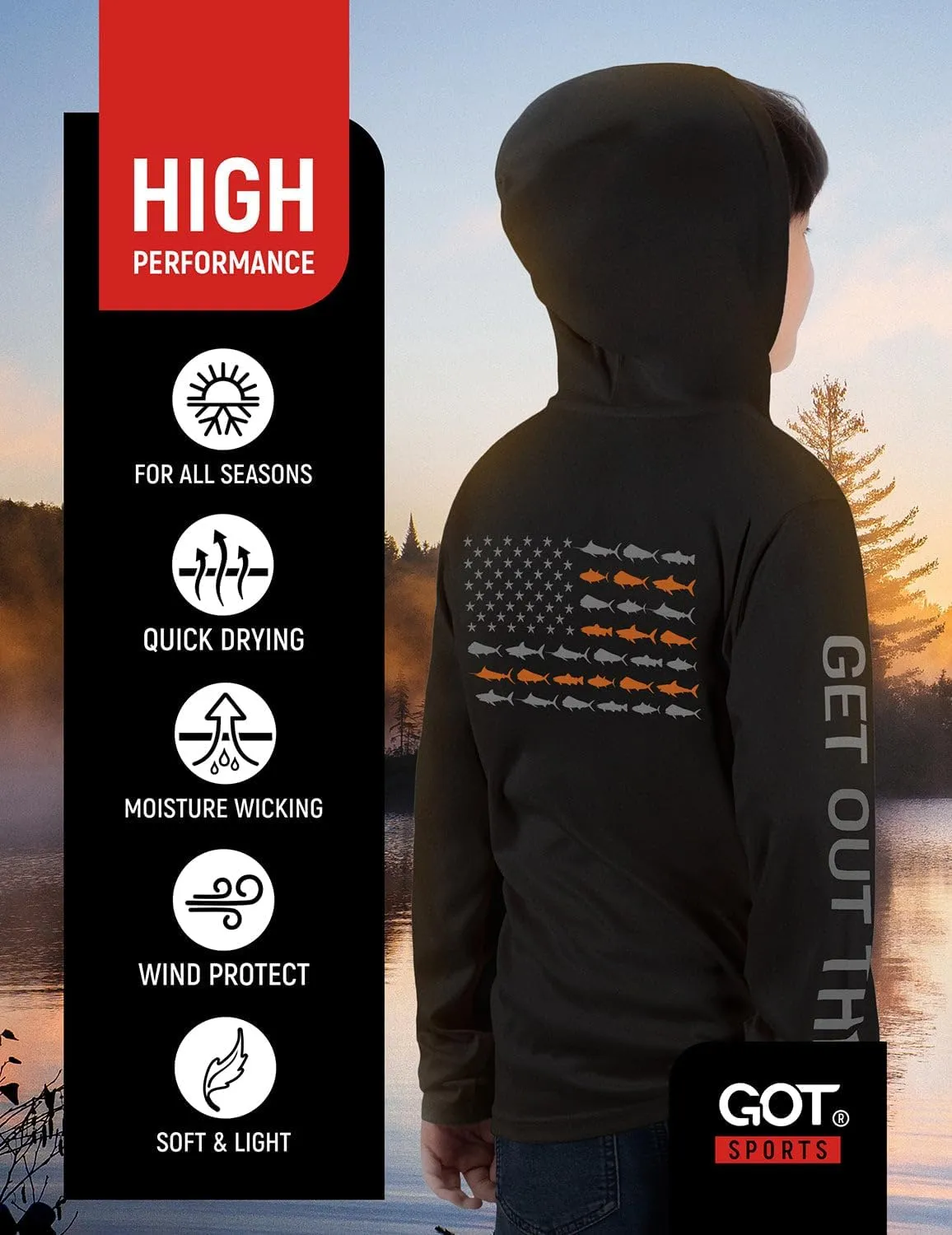 GOT Sports UPF 50  Kids Fishing Hoodie Shirt - UV Sun Protection Long Sleeve T Shirts for Youth Boys Girls