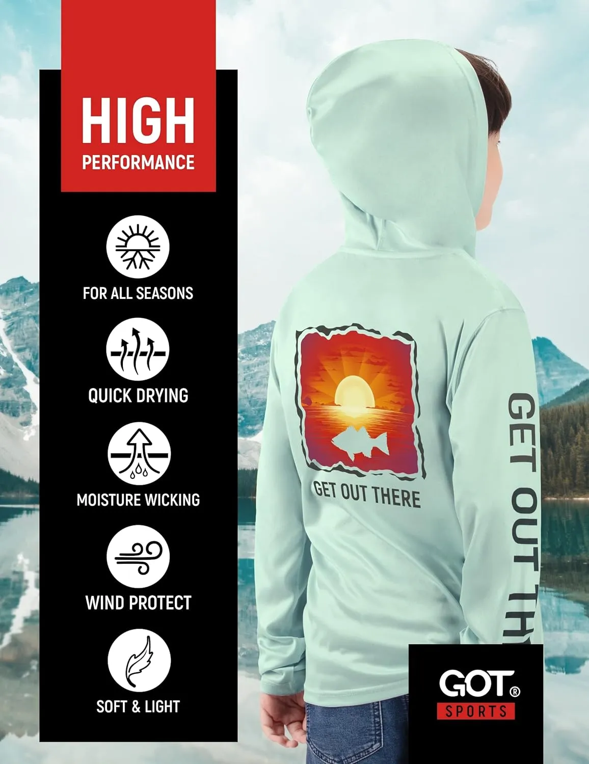 GOT Sports UPF 50  Kids Fishing Hoodie Shirt - UV Sun Protection Long Sleeve T Shirts for Youth Boys Girls