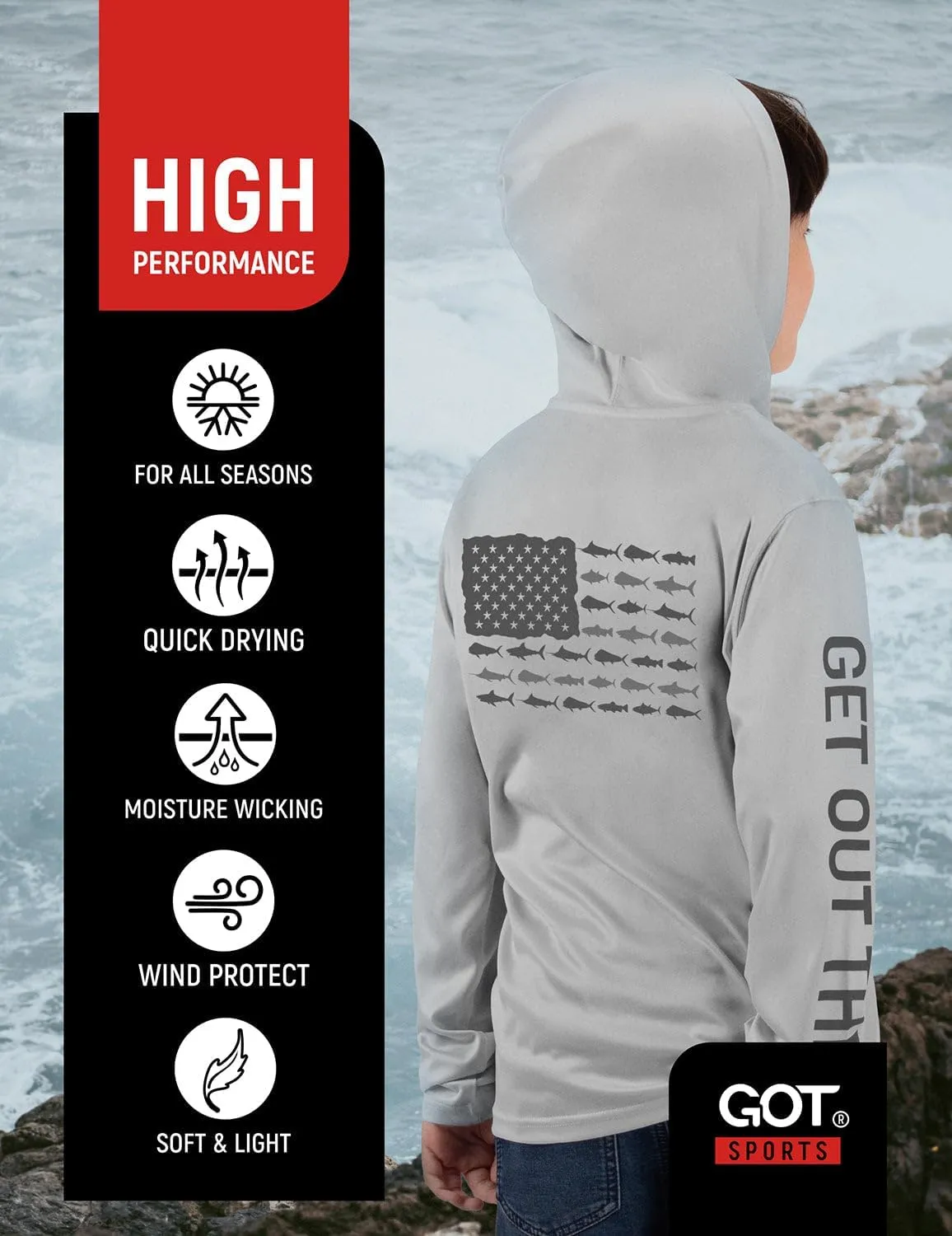 GOT Sports UPF 50  Kids Fishing Hoodie Shirt - UV Sun Protection Long Sleeve T Shirts for Youth Boys Girls