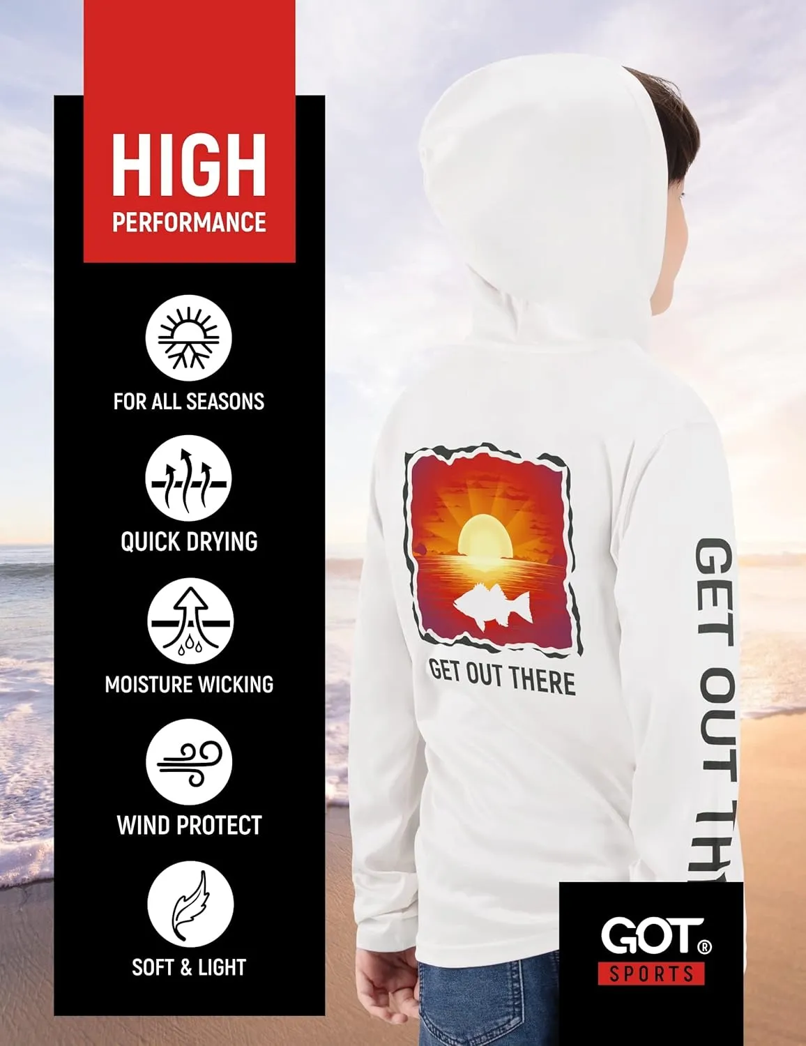 GOT Sports UPF 50  Kids Fishing Hoodie Shirt - UV Sun Protection Long Sleeve T Shirts for Youth Boys Girls